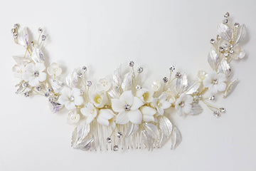 Swarovski Crystals Large Ceramic White flower Bridal Hair piece, Bridal Hair Accessories, Wedding Hair Accessory, Bridal Hair Comb.